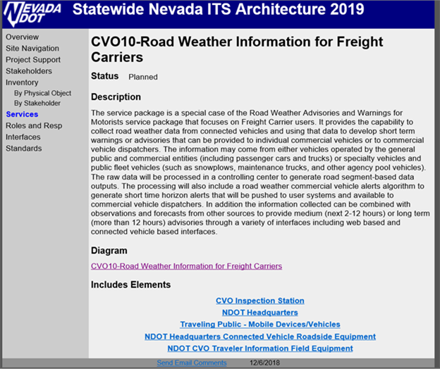 Screenshot from the Nevada DOT Statewide ITS architecture website showing the diagram generated by RAD-IT for the Road Weather Information for Freight Carriers service package.